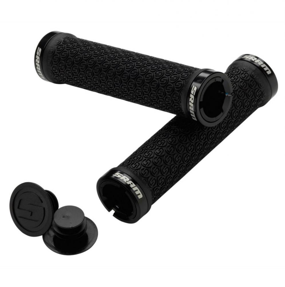 Schwarze SRAM MTB Lockring Griffe mit beidseitiger Klemmung, strukturiertem Profil und passenden Endstopfen.