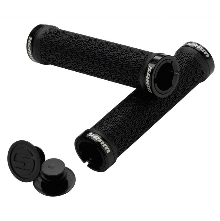 Schwarze SRAM MTB Lockring Griffe mit beidseitiger Klemmung, strukturiertem Profil und passenden Endstopfen.