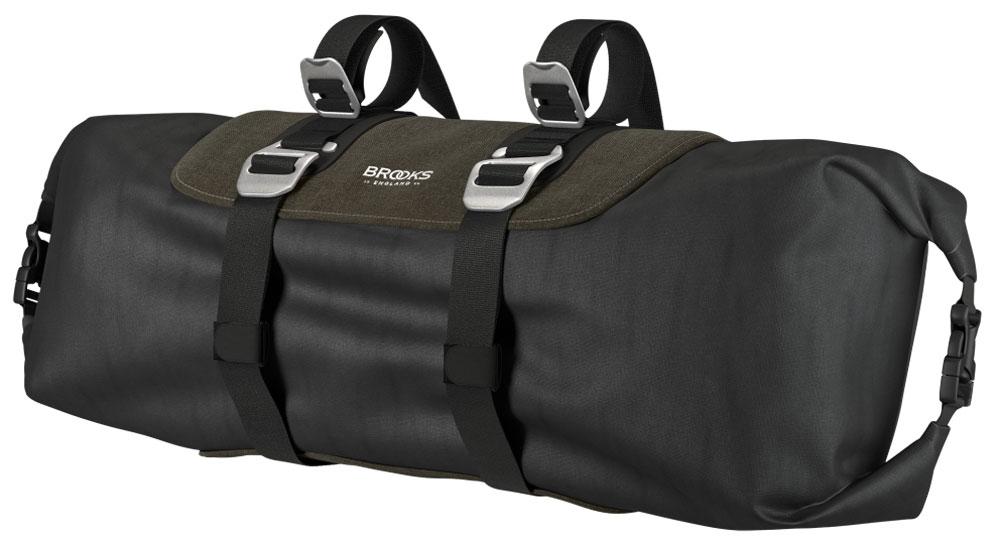 BROOKS Scape Handlebar Roll Mud Green - wasserdichte Bikepacking-Lenkertasche 10 bis 12 Liter mit Rollverschluss & Befestigungssystem