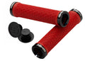 Rote SRAM MTB Lock-On Griffe mit schwarzen Lockringen und Lenkerstopfen, ideal für Mountainbikes.