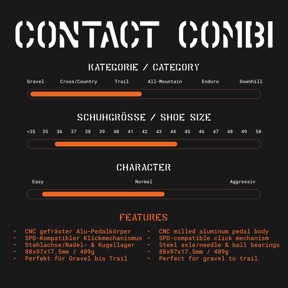 Tatze CONTACT COMBI Hybridpedal Spezifikationen: Kategorie, Schuhgröße, Charakter und Features für MTB, Gravel, Trail.