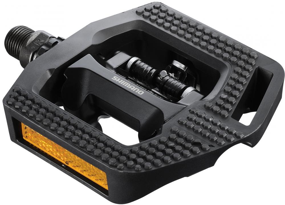 Schwarzes SHIMANO PD-T421 Kombipedal mit Klick-Mechanismus, rutschfester Trittfläche und gelbem Reflektor.