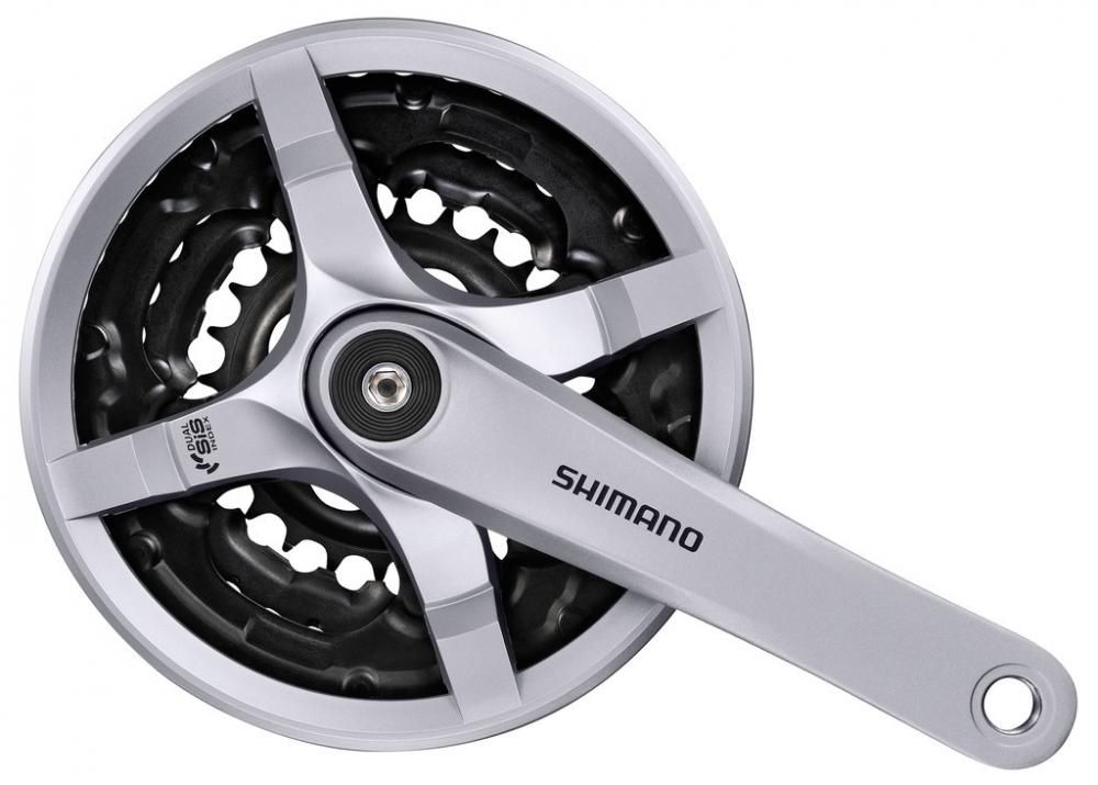 Silberne Shimano Tourney FC-TY501 Kurbelgarnitur, 3-fach, 170 mm, 42-34-24 Zähne für 6/7/8-fach Schaltungen.