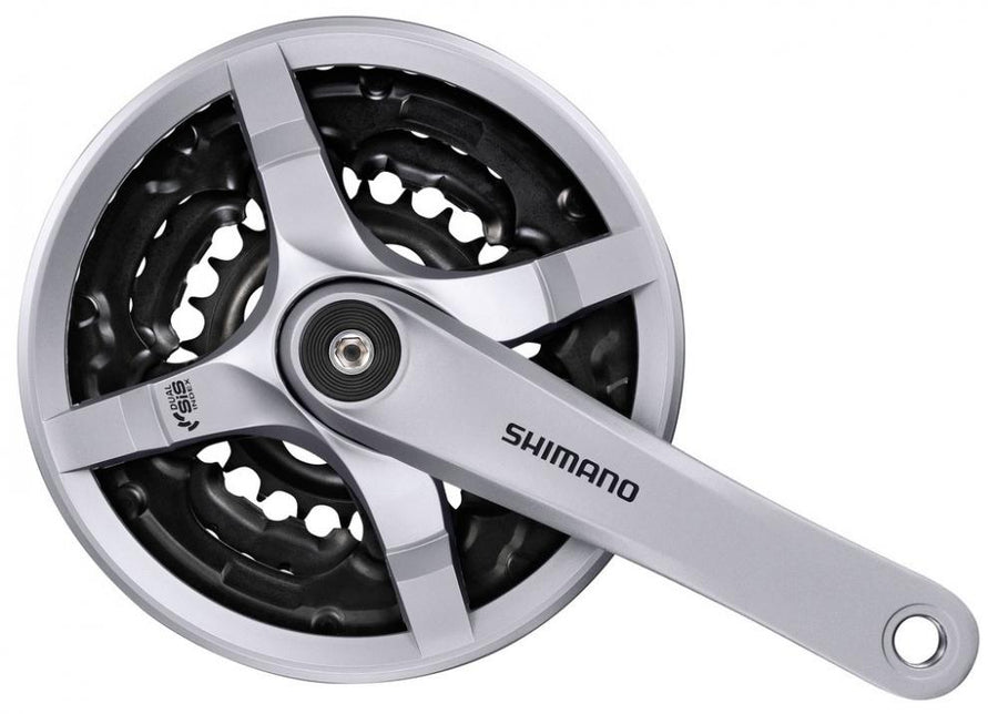 Silberne Shimano Tourney FC-TY501 Kurbelgarnitur, 3-fach, 170 mm, 42-34-24 Zähne für 6/7/8-fach Schaltungen.
