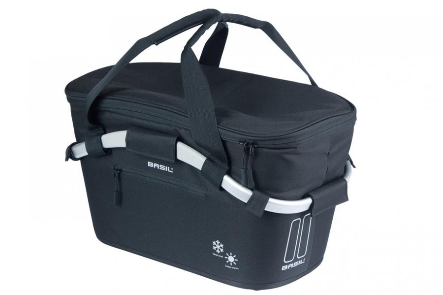 Schwarzer isolierter Basil Classic Carry All ISO MIK Hinterradkorb mit 18 Litern Volumen.