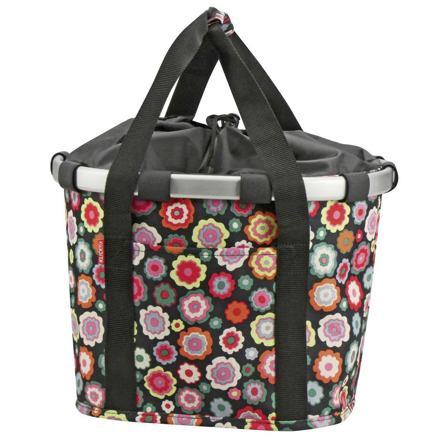 KLICKfix Reisenthel happy flowers Fahrradkorb Bikebasket, geräumige Fahrradtasche mit bunten Blumen auf Schwarz