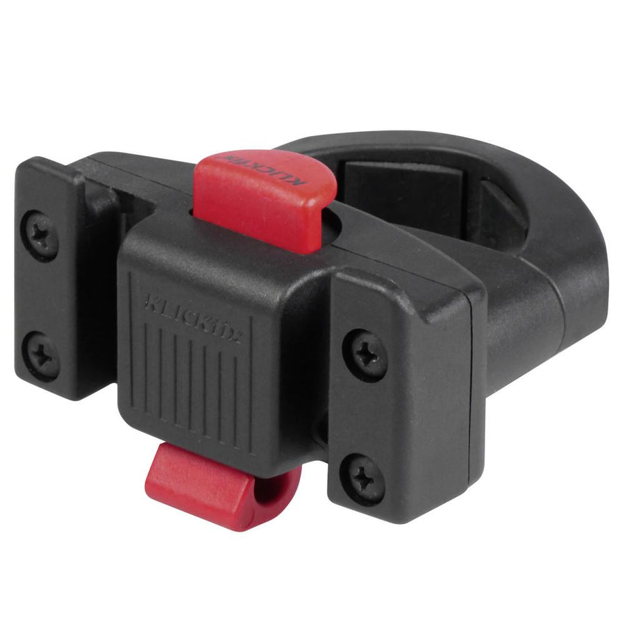 Schwarz-roter KLICKfix Caddy Oversize Lenkeradapter für E-Scooter, Falträder, 7 kg Belastung.