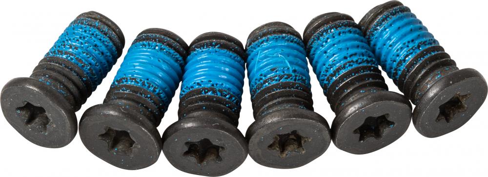 Sechs schwarze SHIMANO Befestigungsschrauben für SM-RTAD05 Bremsscheiben-Adapter mit blauem Gewindekleber.