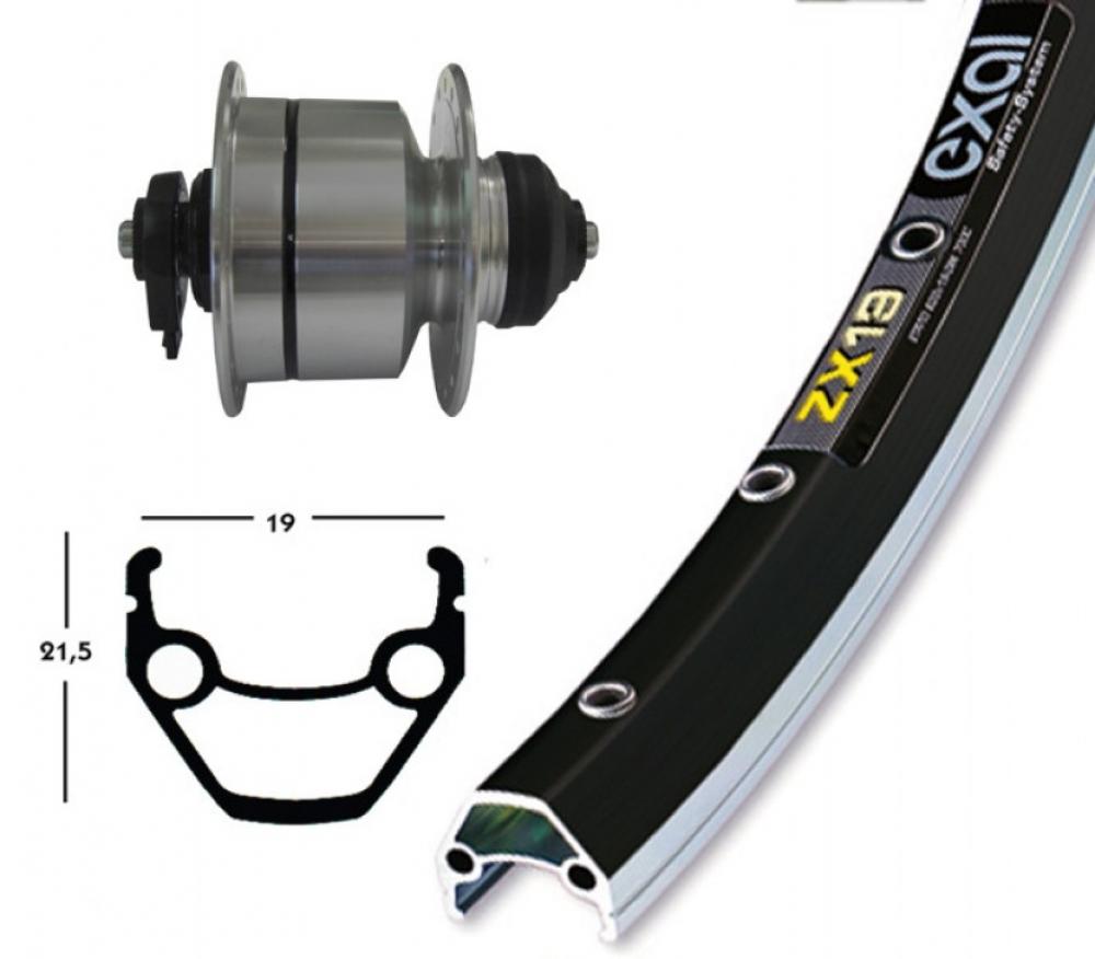 Vorderrad-Komponenten: Silberne Shimano DH-3D72 Centerlock Nabe und schwarze Exal ZX 19 Felge.