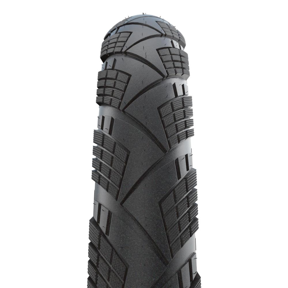 Schwarzer Schwalbe Marathon Efficiency Faltreifen 27.5x2.35 E-50 mit detailliertem Profil.