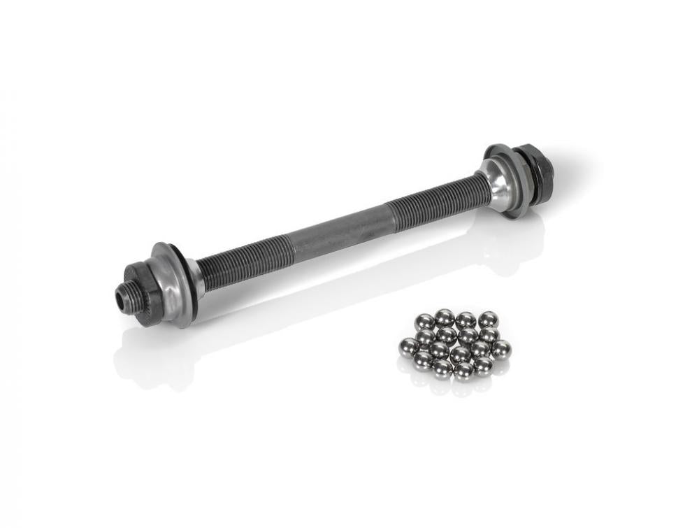 XLC Evo Hinterradnabe Reparaturkit: Achse, Kugelringe, Endkappen für 135mm Schnellspanner.