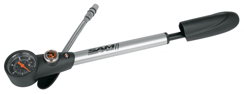 SKS SAM Dämpferpumpe aus Aluminium mit Manometer, Stahlflex-Schlauch und Druckreduzierventil bis 25 bar.