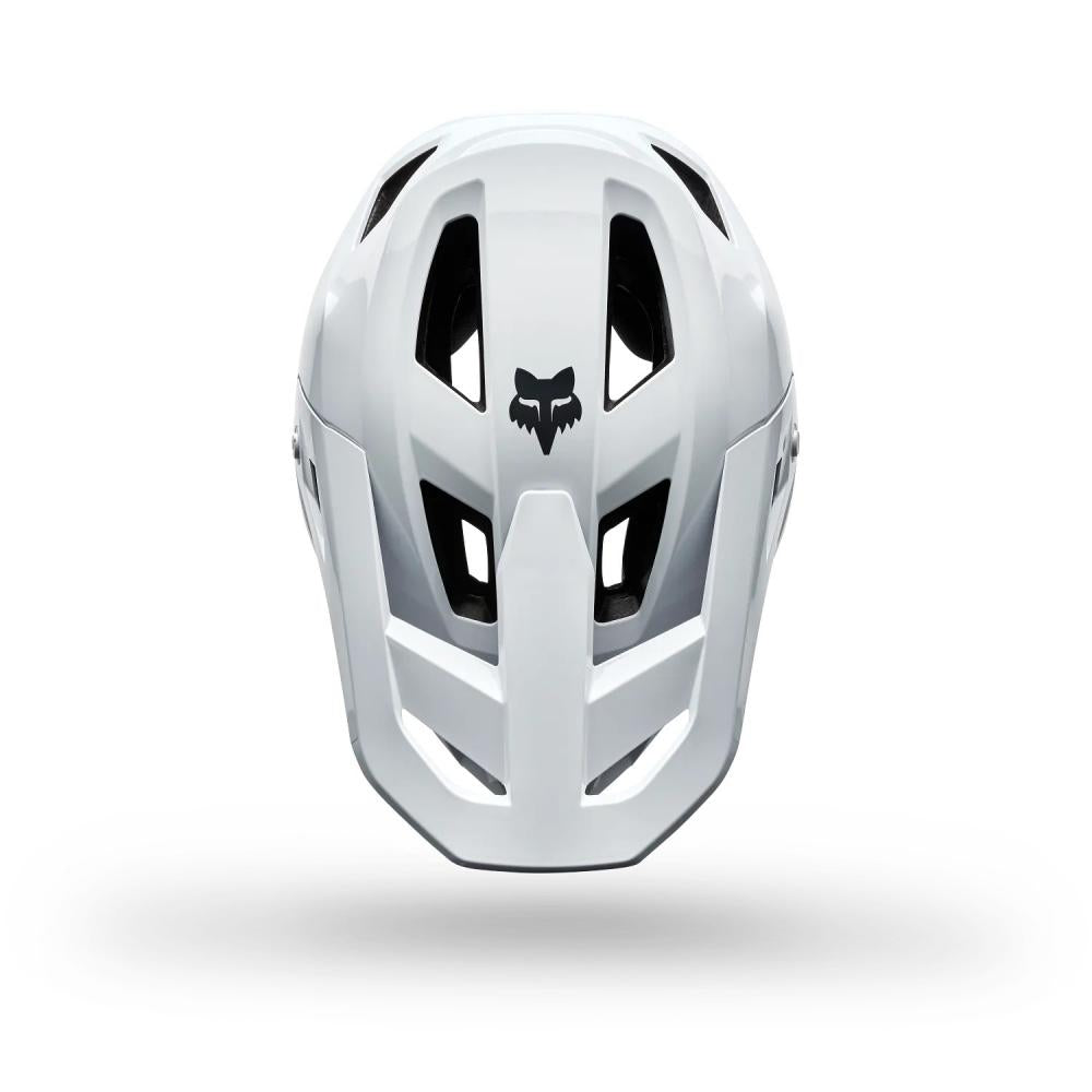 Weißer FOX Rampage Fullface MTB Helm mit Mips, 360-Grad-Belüftung und verstellbarem Visier.