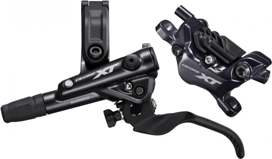 Shimano Deore XT BR-M8120/BL-M8100 Scheibenbremse vorn links, kraftvolle 4-Kolben-Performance.