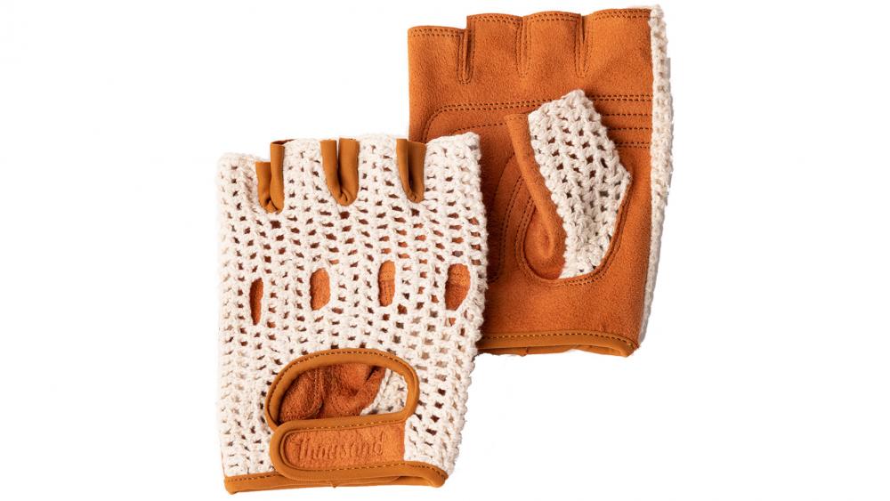 Thousand Little 5 Handschuhe Crème Größe M, Vintage-Radhandschuhe, veganes Amara Veloursleder, gehäkelte Baumwolle, gepolstert, Klettverschluss, klimapositiv