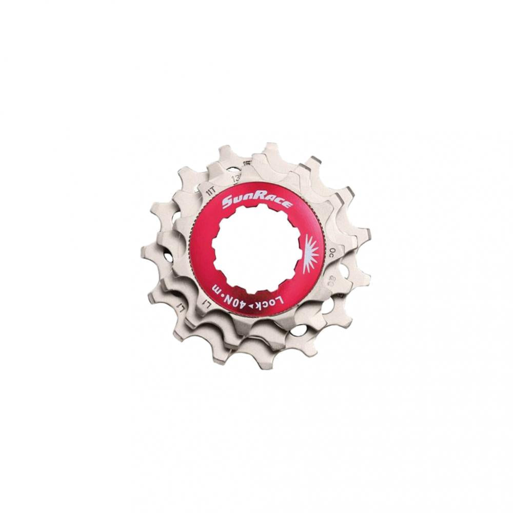 SunRace SPCS12M 12-fach MTB Ritzelset 11-13-15 Zähne, silber, mit rotem Alu-Lockring.