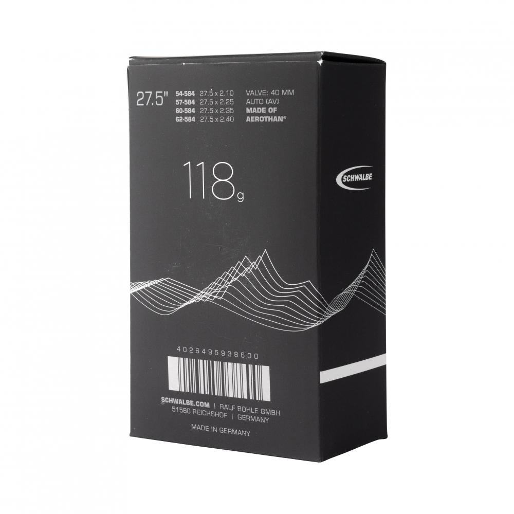 Schwalbe AEROTHAN Fahrradschlauch 27.5 Zoll AV 40mm, extrem leicht & pannensicher. Schwarze Verpackung mit Details.