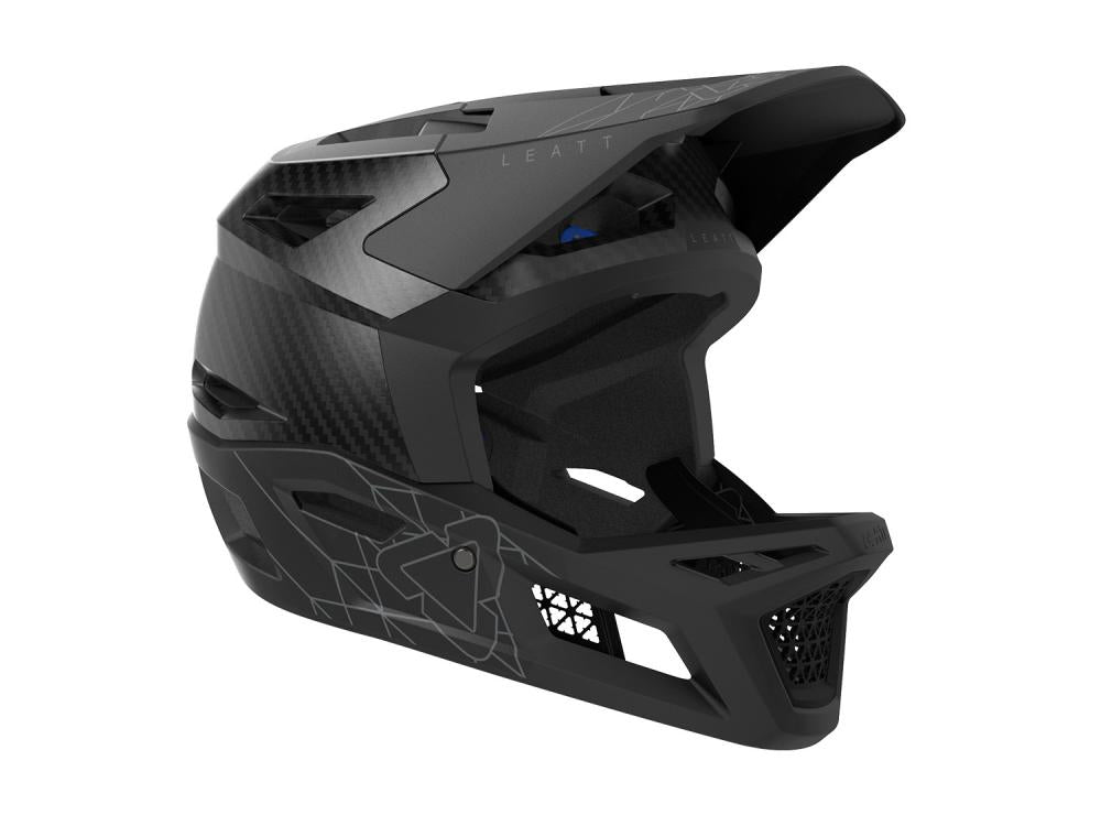 Leatt MTB Gravity 6.0 Carbon Helm stealth L. Schwarzer Mountainbike-Vollvisierhelm mit Carbonmuster.