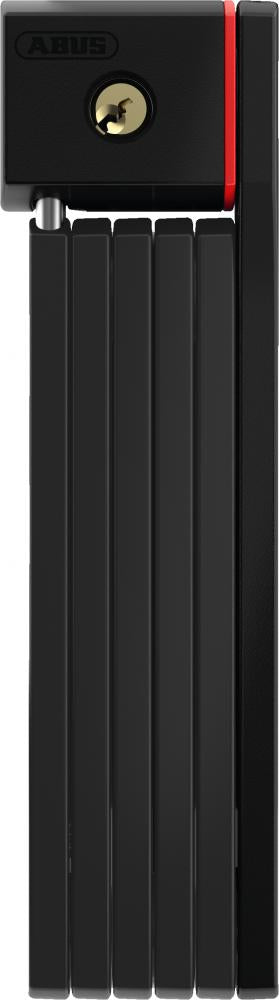 Gefaltetes schwarzes ABUS Faltschloss uGrip BORDO 5700K/80 SH mit Schlüsselloch und rotem Akzent.