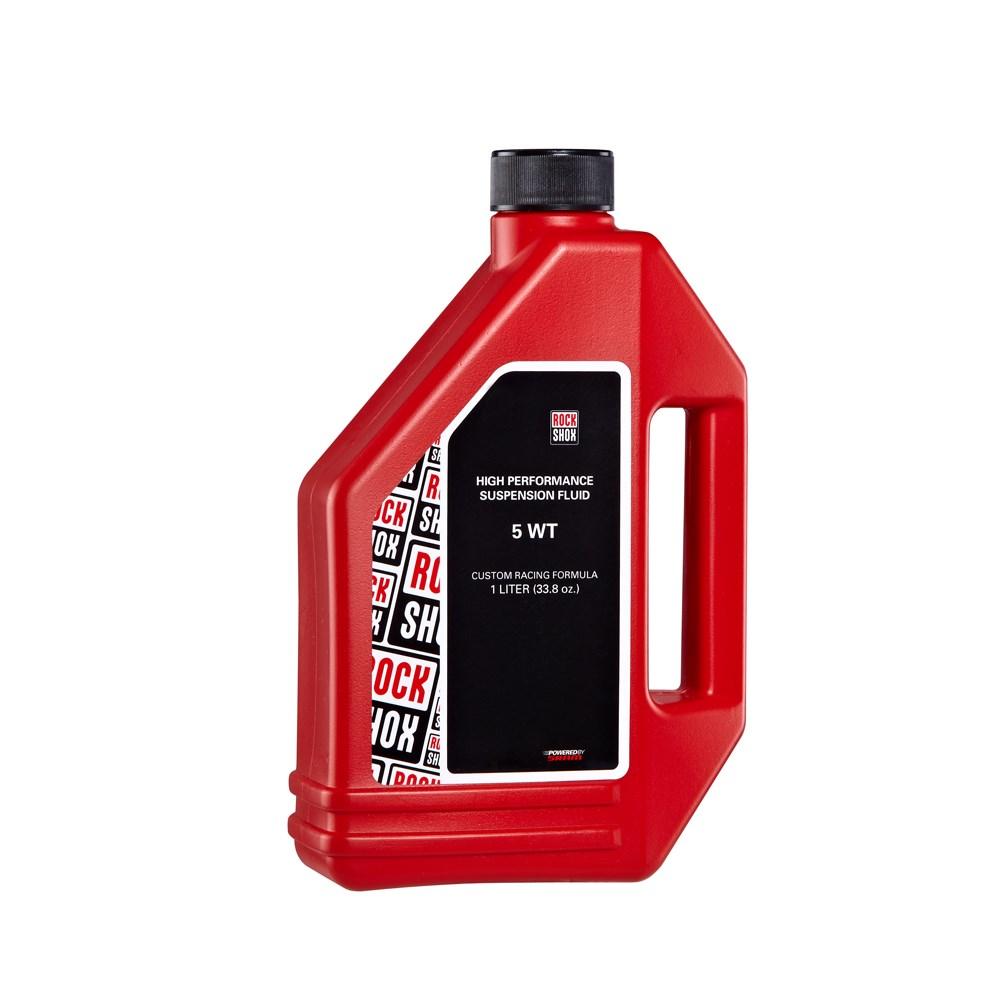 RockShox Federgabelöl 5 WT, 1 Liter, in roter Flasche mit schwarzem Deckel.