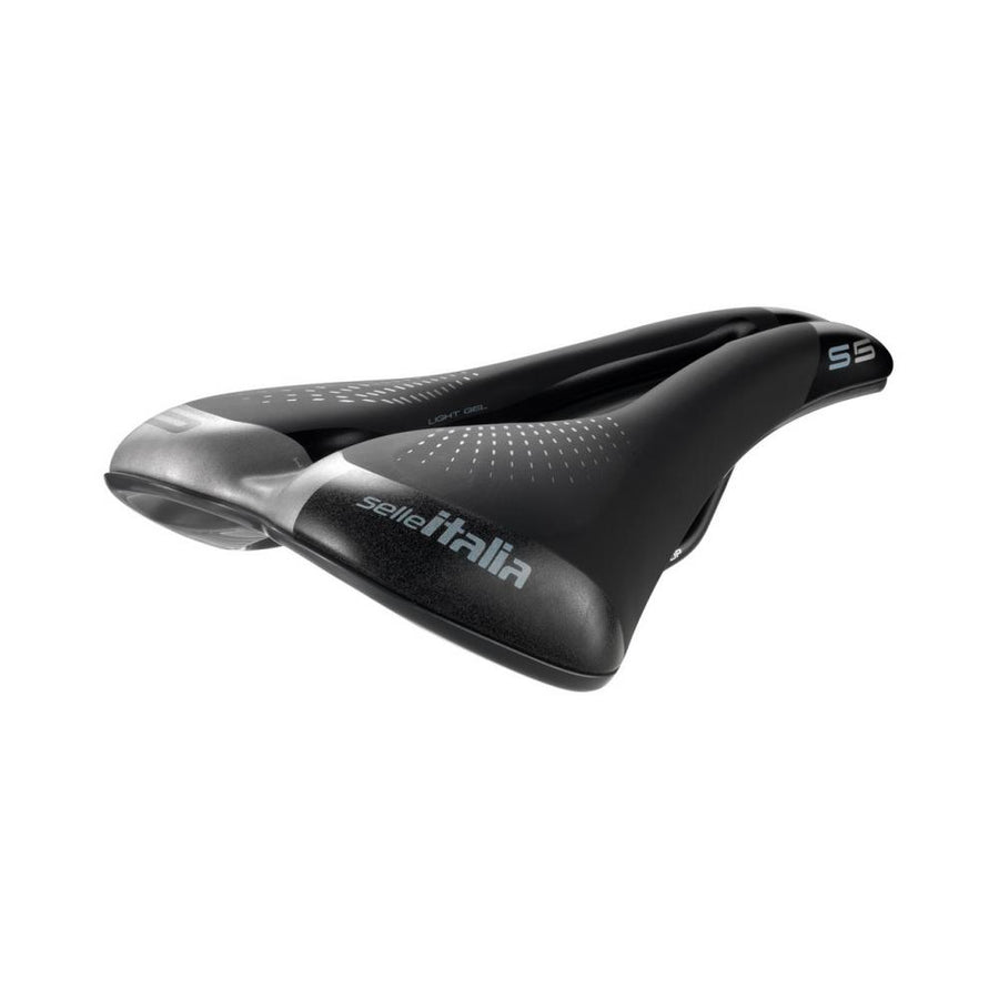 Schwarzer Selle Italia S5 Lady Superflow L3 Damen-Kurzsattel mit Gel, ergonomischem Superflow-Ausschnitt und Hi-Viz.