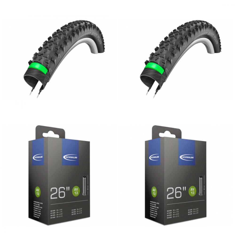 2x Schwalbe SMART SAM PLUS 26x2.10 Drahtreifen & 2x Schwalbe AV13 Schläuche für Fahrräder