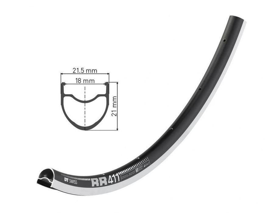 DT Swiss Felge RR 411 28"/700C 20 Loch Schwarz - leichte Rennrad-Felge für Felgenbremse