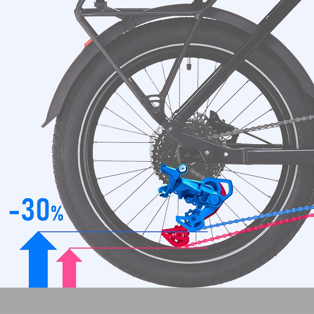 SHIMANO CUES RD-U4010 Schaltwerk am Fahrrad Hinterrad, blaues Modell mit -30% Leistungsverbesserung dargestellt.