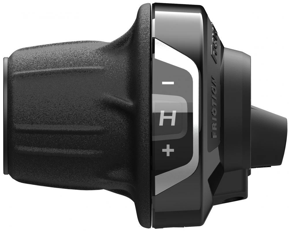 Shimano Tourney SL-RV400 3-fach Drehgriffschalter für Fahrräder, Seitenansicht mit H, +, - Symbolen und Friction-Schriftzug.