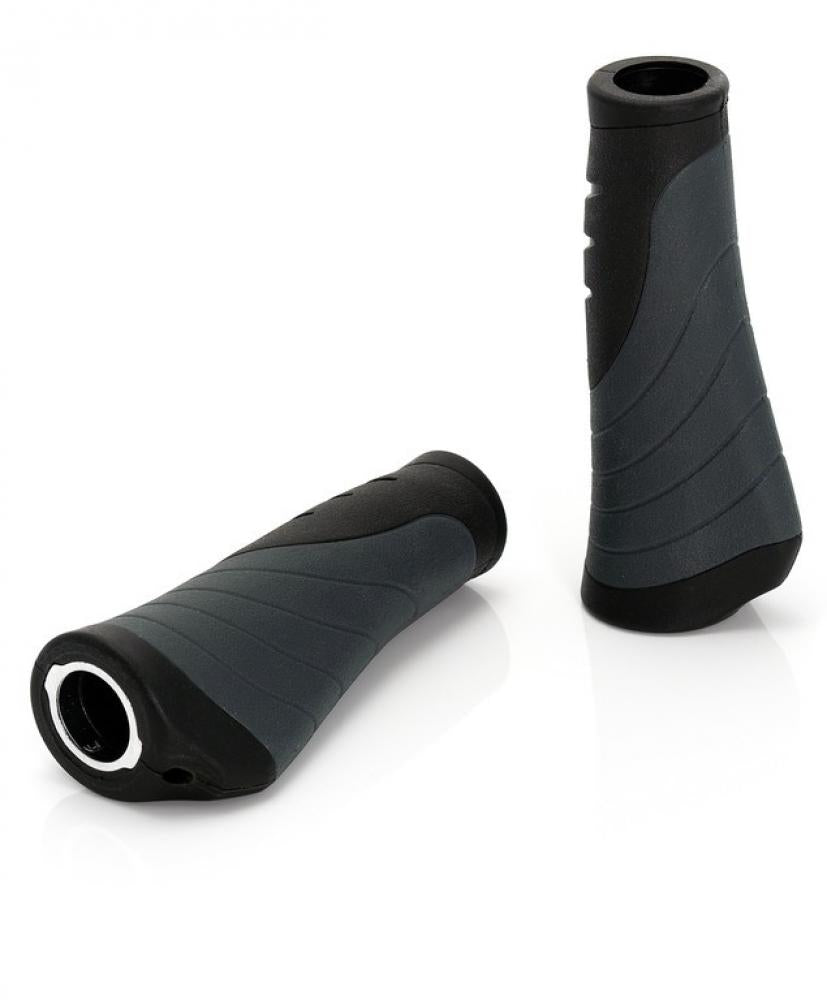 Zwei XLC Ergonomic Fahrradgriffe GR-S04 in Schwarz/Grau, 135/92mm, für komfortables Fahren.