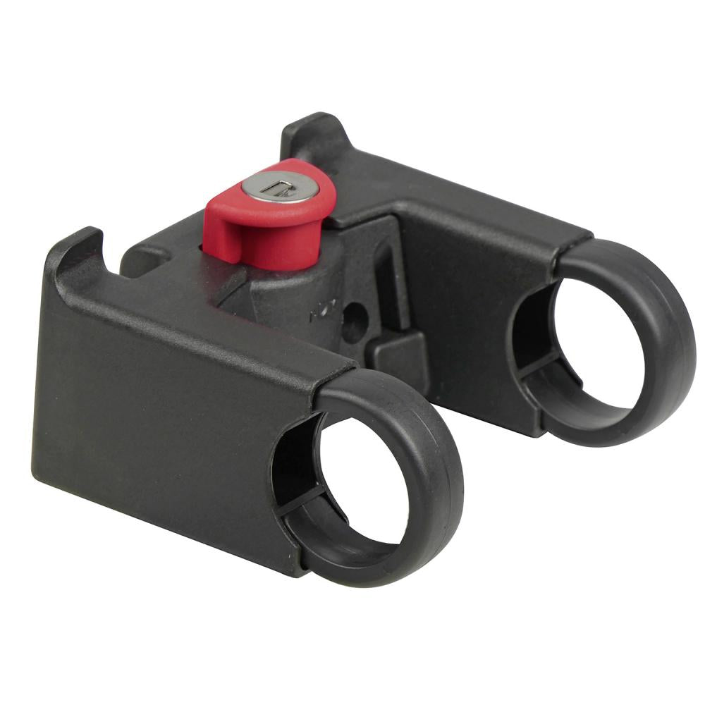 KLICKfix Lenkeradapter mit Schloss 22-26 mm für Fahrradkörbe und Taschen, schwarze Halterung mit rotem Knopf.