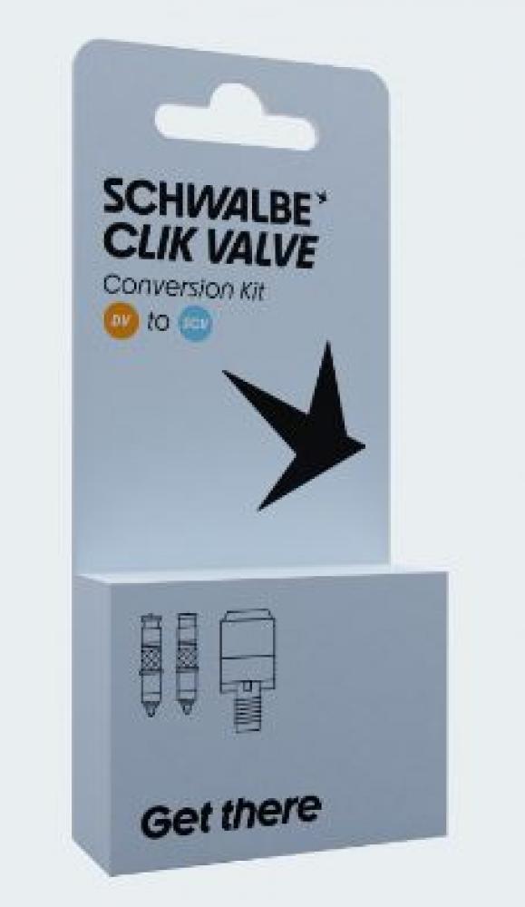 Schwalbe CLIK VALVE DV-SCV Umrüstset Verpackung: Ventil-Kit für einfache Klick-Bedienung am Fahrradreifen.