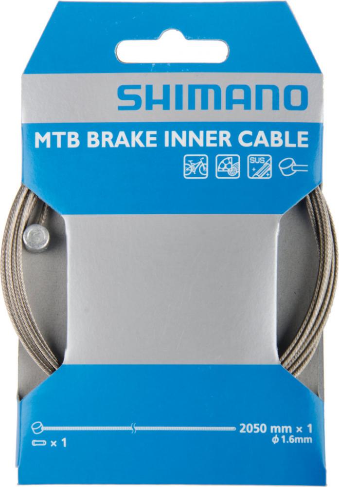 Shimano MTB Bremszug aus Edelstahl in blau-weißer Originalverpackung, 2050 mm Länge und 1,6 mm Durchmesser.