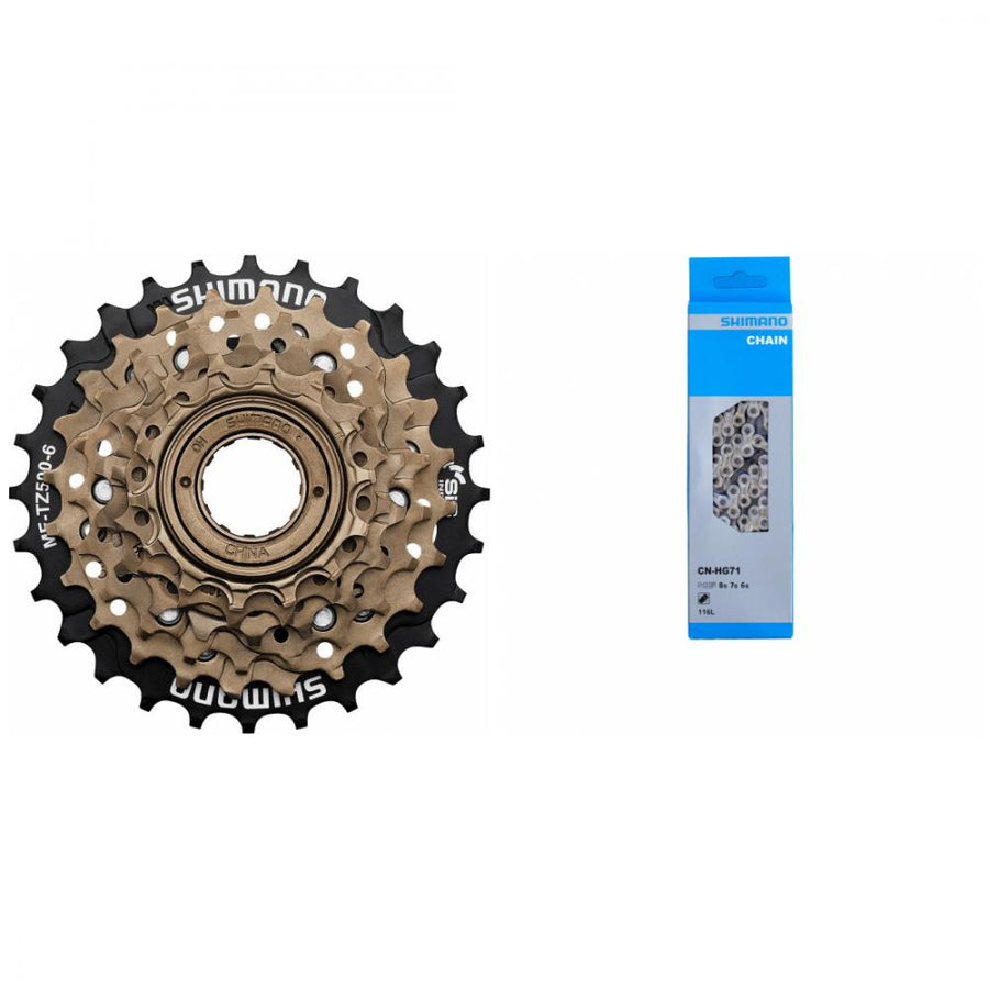 Shimano Fahrradset: MFTZ500 6-fach Schraubzahnkranz und CN-HG71 6/7/8-fach Kette.