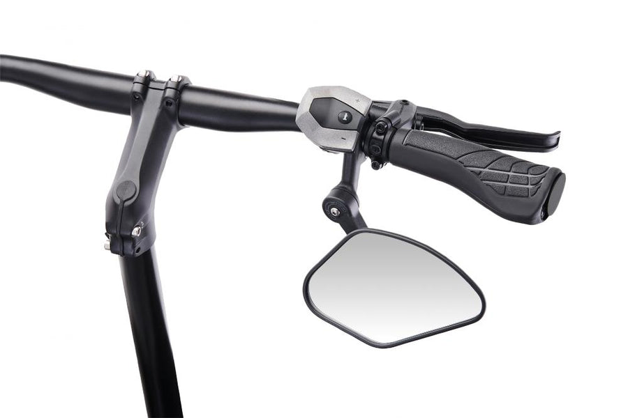 Schwarzer Krampe KF Sport Typ C Fahrradspiegel rechts mit kleiner Außenklemmung am Lenker.