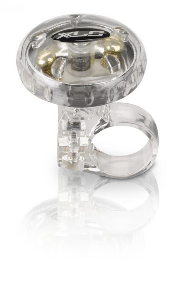 XLC Fahrradklingel DD-M12 transparent silber, 36mm Durchmesser, auf weißem Hintergrund mit Reflexion.