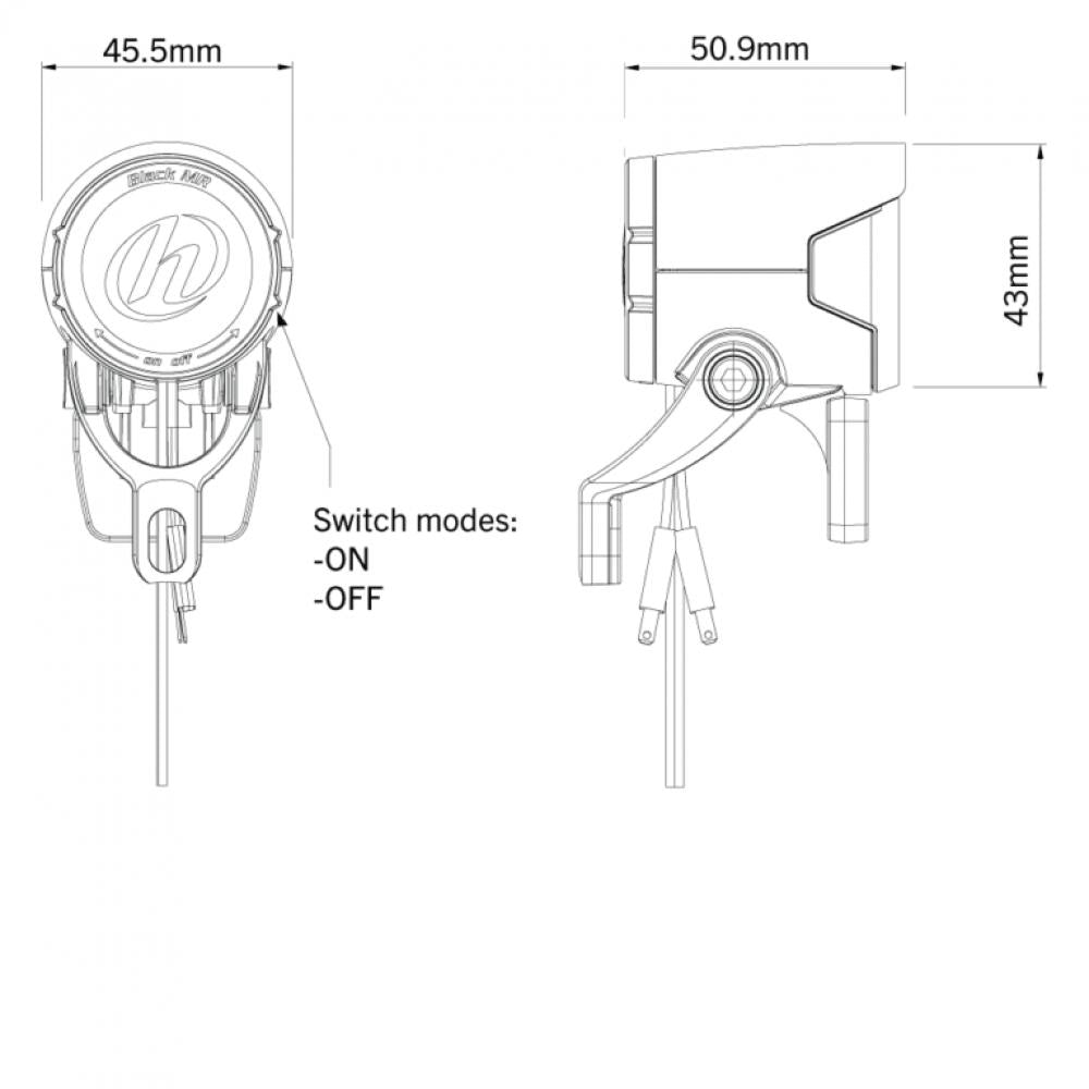 Herrmans H-Black MR4 E E-Bike Scheinwerfer technische Zeichnung mit Maßen und Schalter-Details.