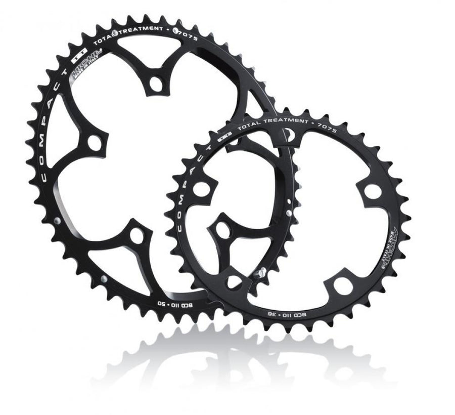 Zwei schwarze Miche Fahrrad Kettenblätter Compact BCD 110 (50 & 36 Zähne) für 9/10fach, Total Treatment 7075.