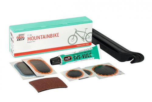 Rema Tip Top Flickzeug TT05 Mountainbike Reparaturset mit Flicken, Vulkanisierflüssigkeit und Reifenhebern.