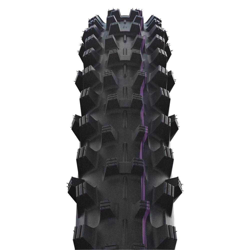 Schwalbe Dirty Dan 29x2.35" schwarzer MTB Reifen, aggressives Profil, faltbar, mit violetter Linie.