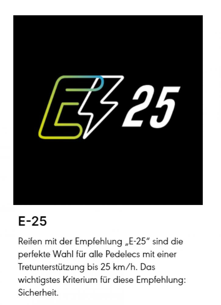 Schwalbe E-25 Logo mit Text für Marathon Racer Pedelec Drahtreifen bis 25 km/h.