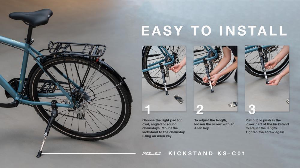 Schwarzer XLC Hinterbauständer KS-C01, verstellbar 24-28 Zoll, am Fahrrad mit einfacher Montageanleitung.