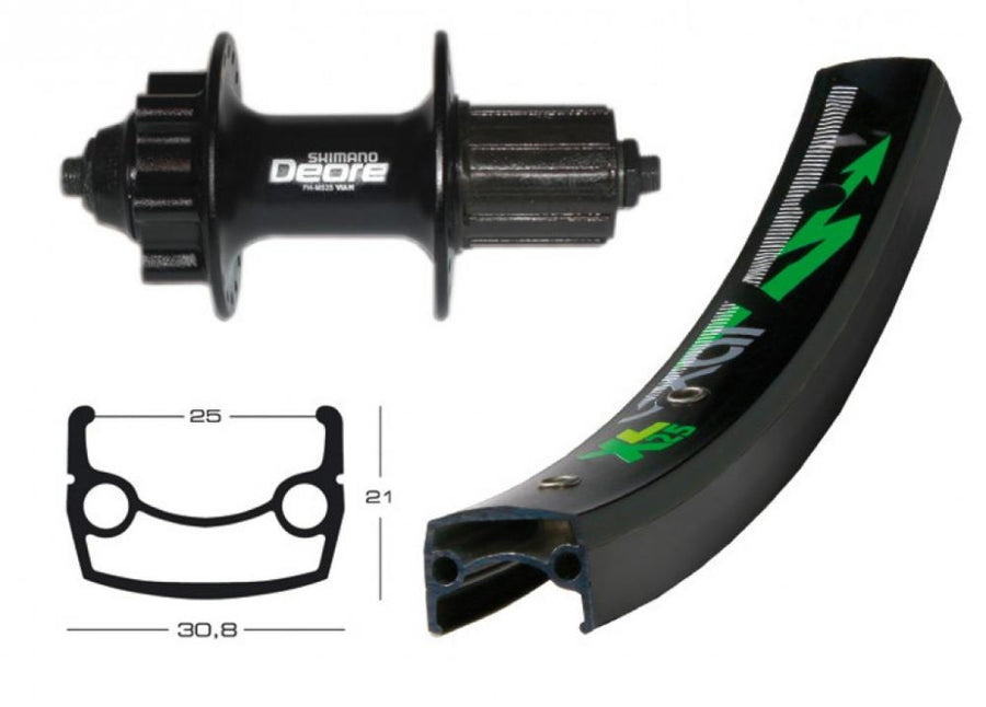 Schwarzes 26 Zoll Hinterrad mit Shimano Deore Nabe, EXAL XL 25 Disc Felge und Nirosta-Speichen, inklusive Felgenprofil.