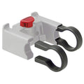 Graue KLICKfix Adapterschelle 31,8mm für Lenkeradapter mit schwarzen Klemmschellen und rotem Knopf.