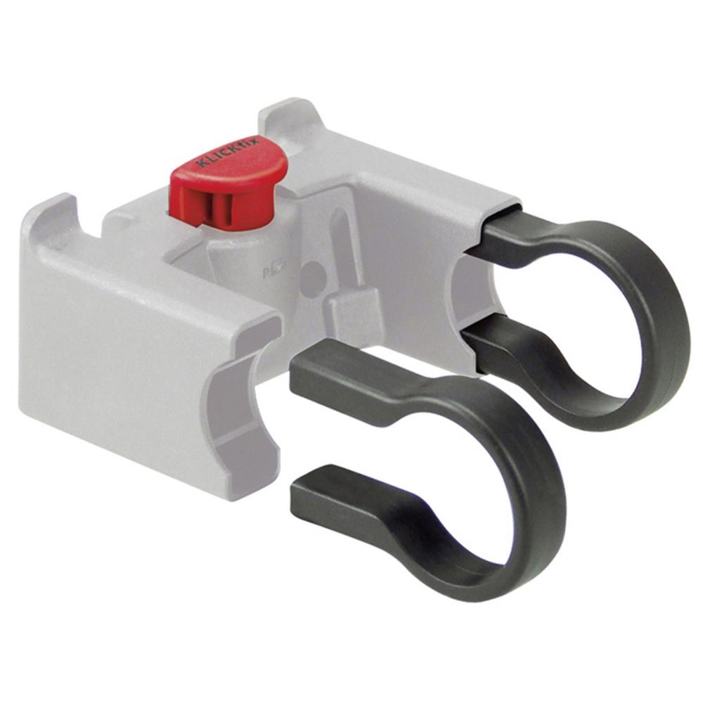Graue KLICKfix Adapterschelle 31,8mm für Lenkeradapter mit schwarzen Klemmschellen und rotem Knopf.