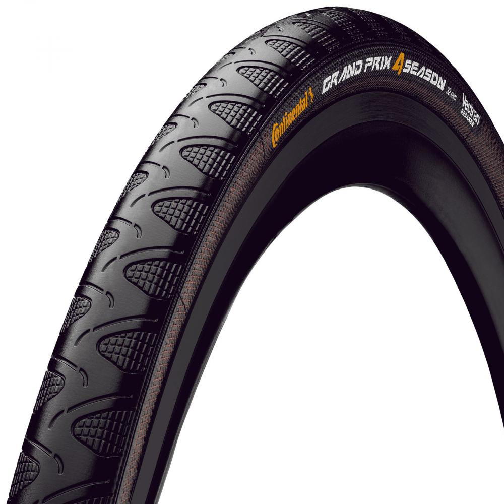 Continental Grand Prix 4-Season Faltreifen 700x23C, schwarz mit Profil, brauner Seitenwand und DuraSkin.