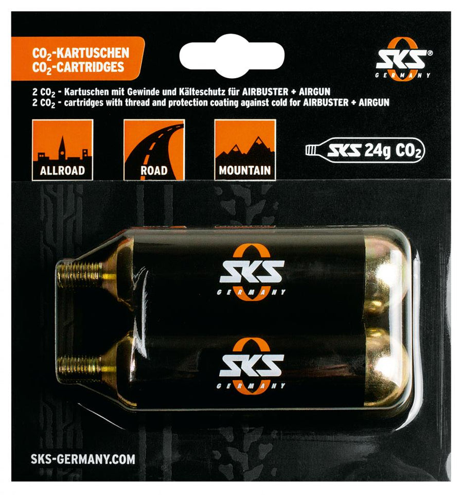 SKS CO2-Ersatzkartuschen 24g mit Gewinde (2er Set) für Airbuster & Airgun, ideal für schnelles Befüllen von MTB-, Rennrad- und Trekkingreifen, inklusive Kälteschutz