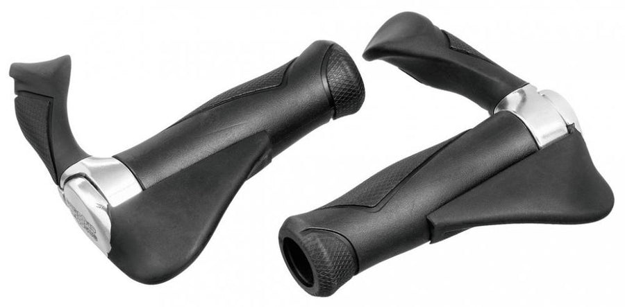 Zwei Ergotec Multiflex Fahrradgriffe AKSB-10/3, ergonomisches Griffgummi in Schwarz-Silber auf weißem Hintergrund.