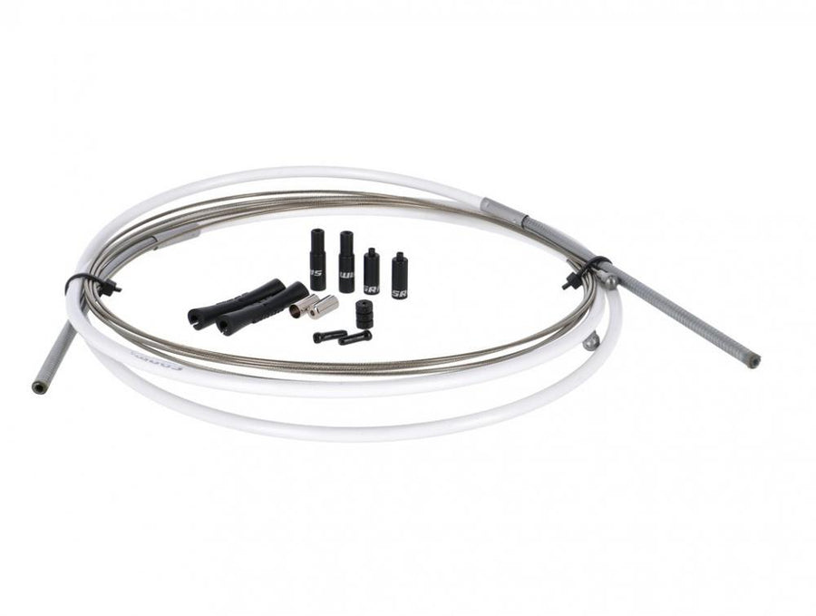 SRAM SlickWire Schalt-/Bremskabel-Kit Standard 5mm weiß mit Hüllen, Zügen und Kleinteilen auf weißem Hintergrund.