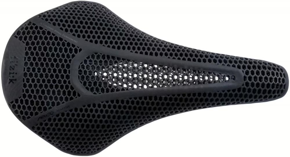 FIZIK Vento Argo 00 Adaptive Rennrad-Sattel, schwarz, mit 3D-gedruckter Wabenstruktur und kurzer Nase.